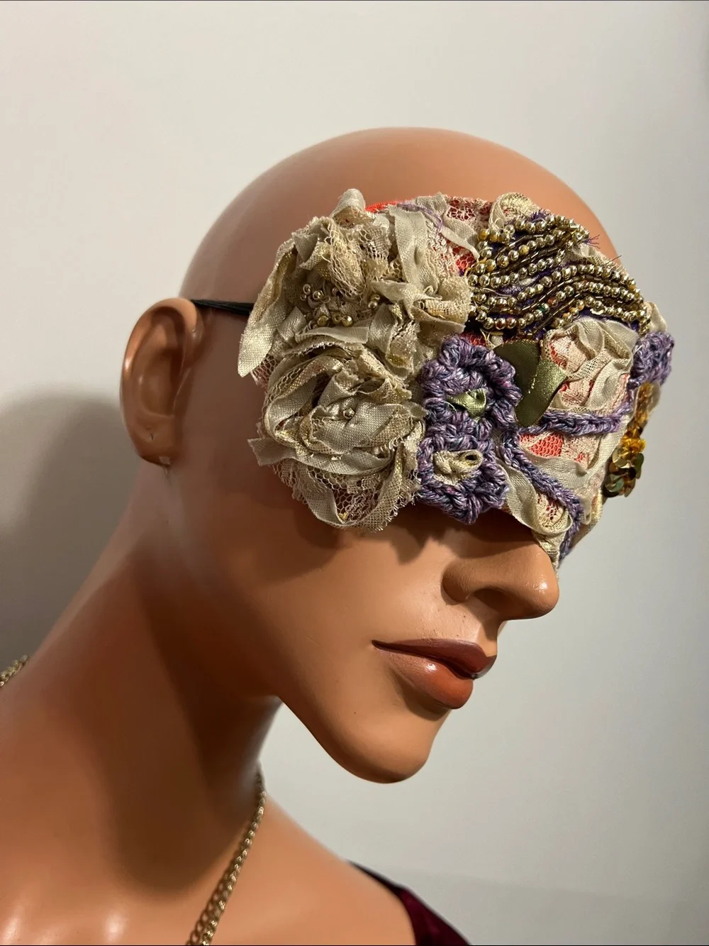 Embellished Cream and Lavender Lace Sleep Mask